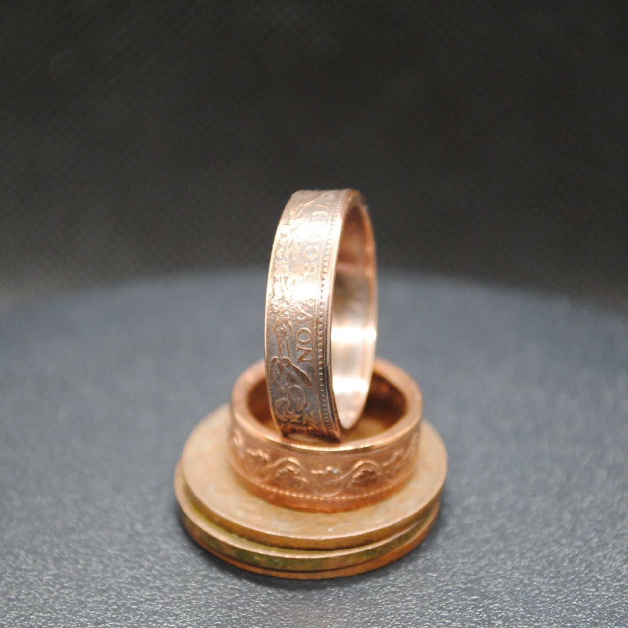 Details of a ring made from a Nova Scotia copper coin